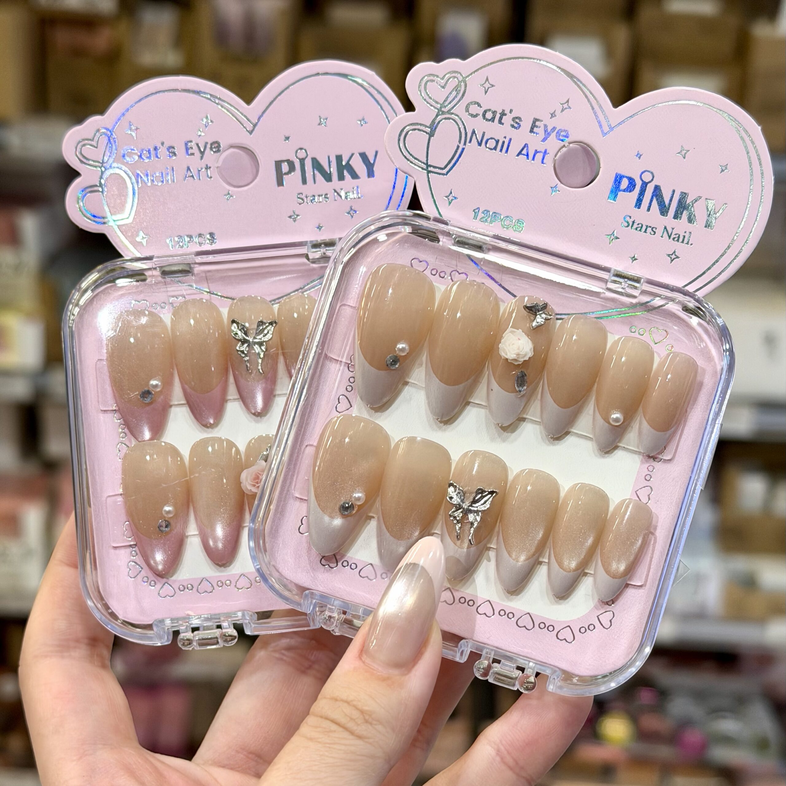 Kit x12pc Uñas press on ojo de gato con pegamento Pinky surtidos modelos #RYK-B014-12