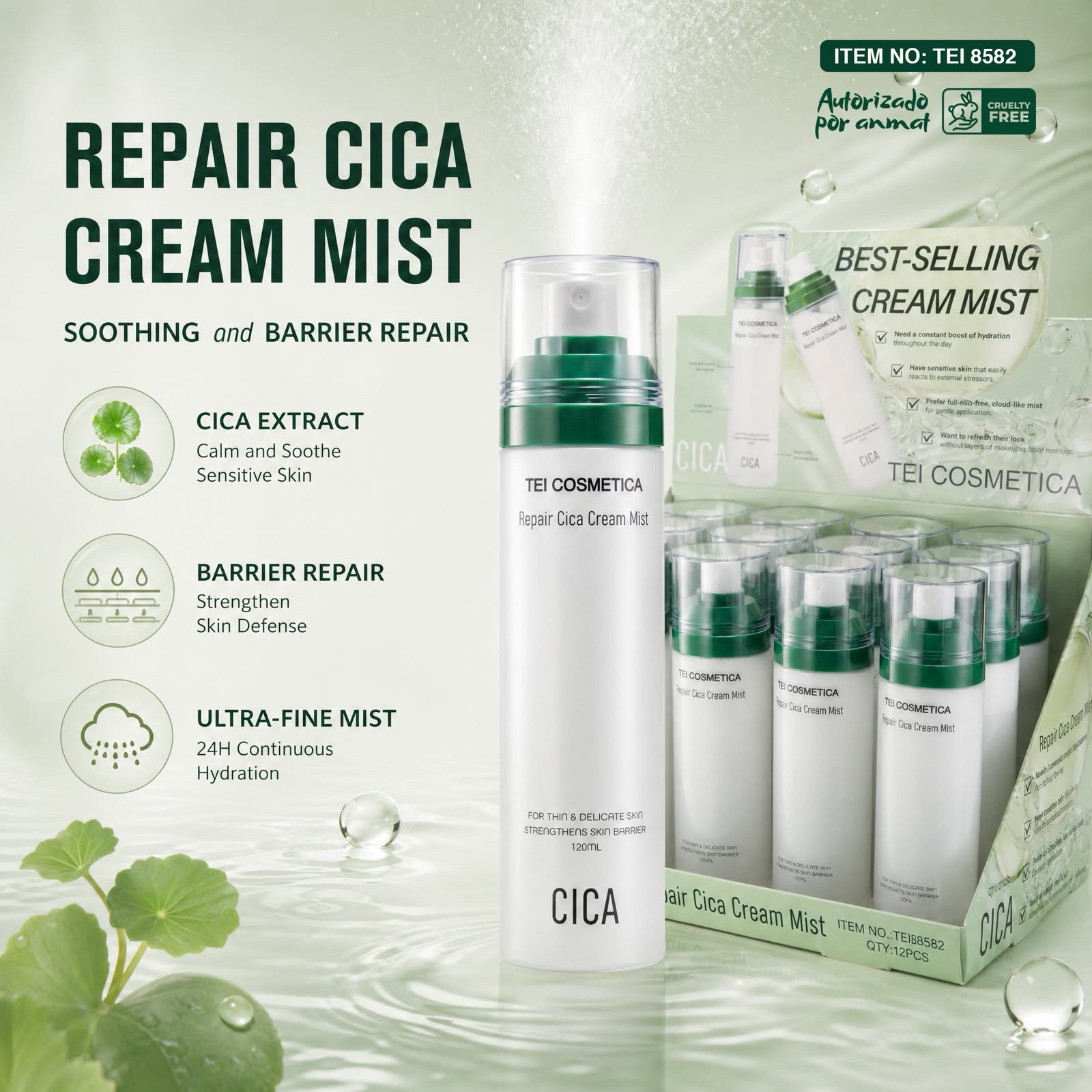 Serum facial Spray repair cica cream mist refrescante 120ml Tei #TEI8582
